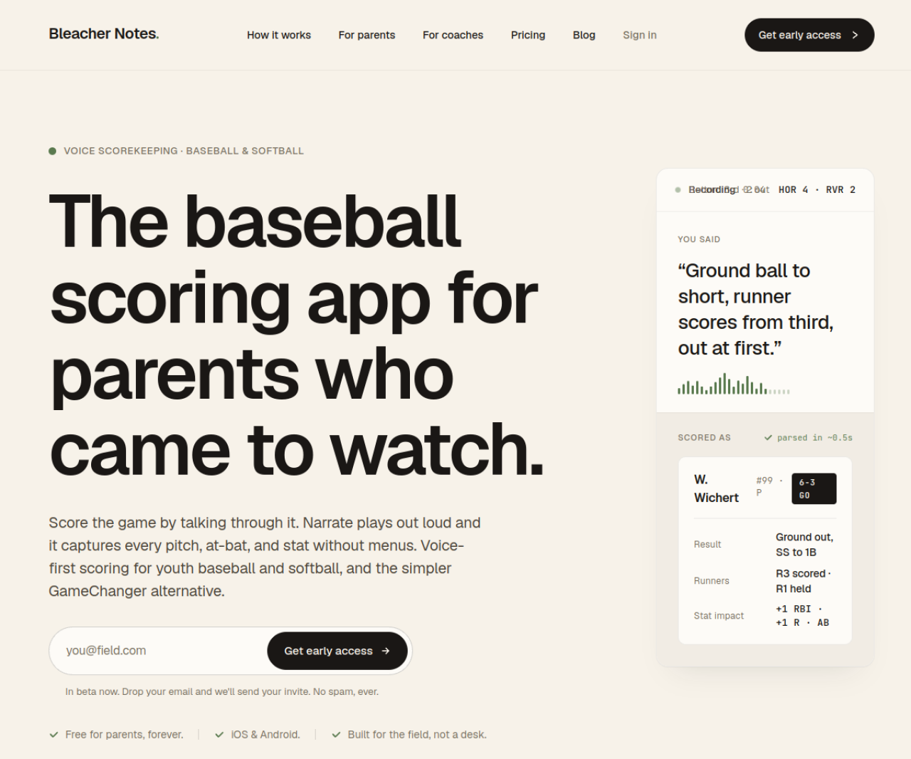 The Bleacher Notes app: a baseball scoring app for parents, with voice-driven play-by-play turned into a live box score.