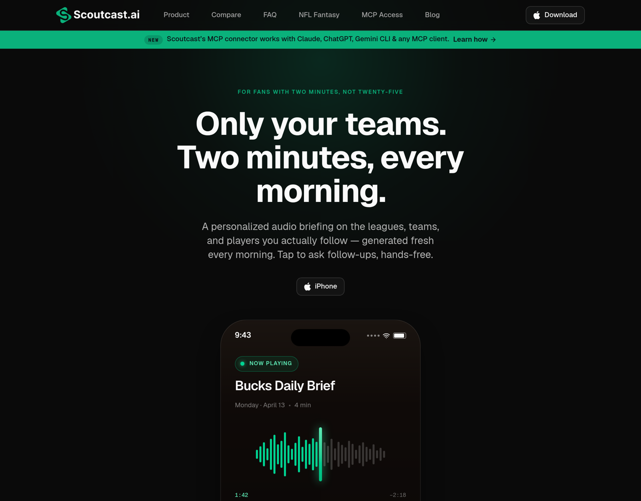 The Scoutcast app: a personalized morning audio briefing playing a "Bucks Daily Brief" cast with a live waveform.